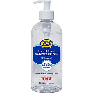 Clear bottle of Zep hand sanitizer gel with a pump, labeled 70% alcohol, kills 99.99% germs, 16.91 FL OZ.