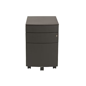 Olive green mobile file cabinet with three drawers and caster wheels, viewed from the front.