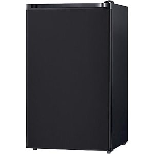 Black compact mini fridge with a single door, suitable for small spaces or dorm rooms.