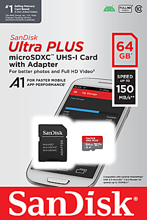 SanDisk Ultra PLUS 64GB microSDXC card packaging with adapter, highlighting 150MB/s speed for HD videos and mobile performance.
