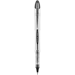Black and silver Uni-ball Vision Elite rollerball pen, featuring a translucent barrel and visible ink level.