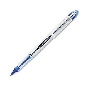 A clear pen with a blue tip and cap, featuring a silver clip and black brand label on the barrel.