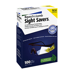 Bausch & Lomb Sight Savers box with 100 pre-moistened lens cleaning tissues, featuring cling sticker and eco-friendly label.