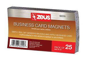 Pack of 25 Zeus business card magnets with adhesive backing, shown in a labeled cardboard box design.