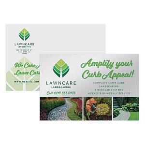 Lawncare Landscaping brochure with logo, contact info, and images of manicured lawns and a gardener working.