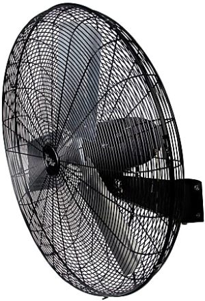 Black industrial wall-mounted fan with protective grille and three blades, designed for ventilation and cooling.
