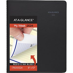 AT-A-GLANCE My Week 2024 planner with black cover, showing pages turning and features like ink bleed resistance.