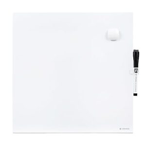 White magnetic dry erase board with a black marker and an eraser attached on the side.