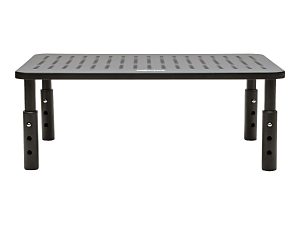 Black adjustable monitor stand with perforated top and four legs, designed for ergonomic desk setup.