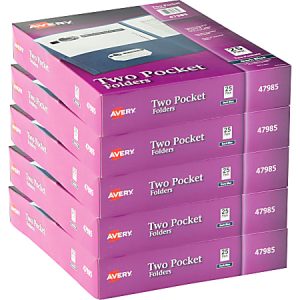 Stack of six boxes of Avery Two Pocket Folders, each containing 25 folders, with purple packaging.