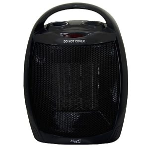 Black portable space heater with a handle and "DO NOT COVER" label on top, featuring two control knobs.