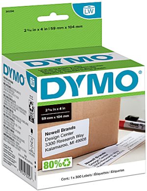 Dymo label box for 2½x4 inch, 59x104 mm labels, displaying product details and sample address label on a package.