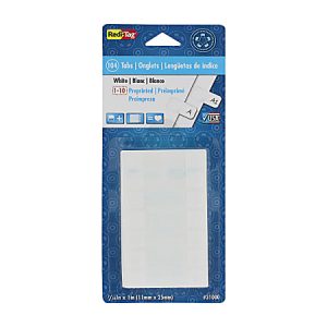 Package of Redi-Tag white index tabs, 104 count, preprinted with letters, in a blue and white labeled pack.