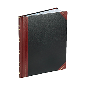 Black and brown hardcover notebook with gilded spine and visible white pages, displayed at an angle.