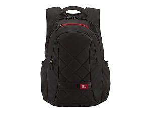 Black backpack with quilted design, red zipper accent, and multiple compartments, including a top handle and padded straps.