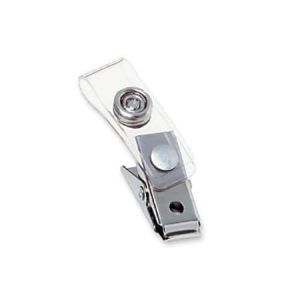 Metal and plastic badge clip with a button snap closure on a white background.