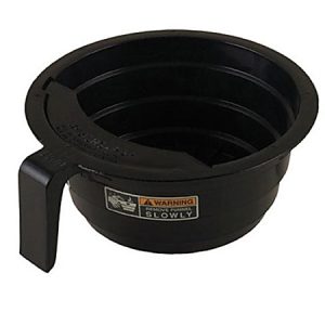 Black plastic funnel with a handle, featuring a warning label that reads "Remove Funnel Slowly.