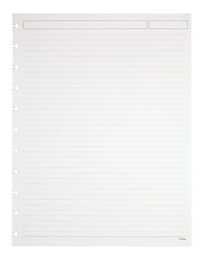 Lined notebook paper with a header area and six ring holes on the left, designed for easy organization and note-taking.
