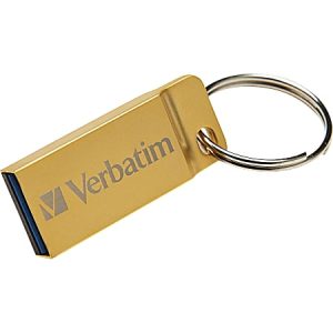 Gold Verbatim USB flash drive with a metal keyring attached, featuring a sleek design.