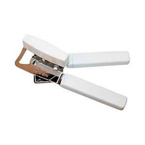 White manual can opener with ergonomic handles and stainless steel cutting mechanism, shown against a plain background.