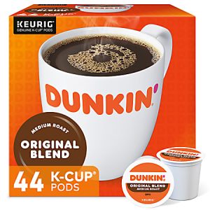 Box of 44 Dunkin' Original Blend Medium Roast K-Cup Pods with cup of coffee and single pod displayed.