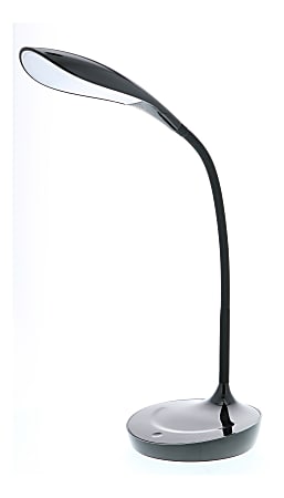 Sleek black LED desk lamp with a curved neck and circular base, ideal for modern office or reading spaces.