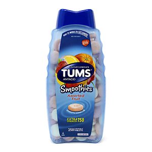 TUMS Smoothies antacid bottle with assorted fruit flavor, 250 chewable tablets, extra strength 750 mg calcium carbonate.
