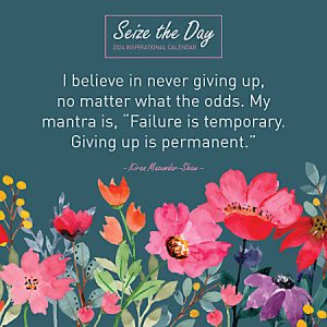 Inspirational quote on a floral background: "Failure is temporary. Giving up is permanent." - Kiran Mazumdar-Shaw.