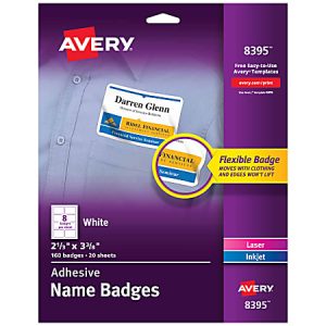 Avery adhesive name badges package, featuring flexible, white, laser and inkjet badges, 2-1/3" x 3-3/8", 160 count.