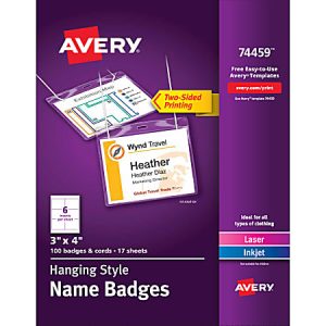 Avery Hanging Style Name Badges packaging, featuring two-sided printing for laser and inkjet, with templates included.