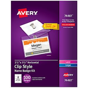 Avery Clip Style Name Badge Kit packaging with 100 badges, featuring a sample badge with a clip and customizable template info.