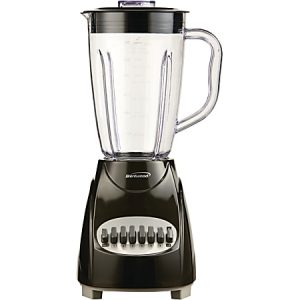 Black countertop blender with a transparent pitcher and multiple control buttons on the front.