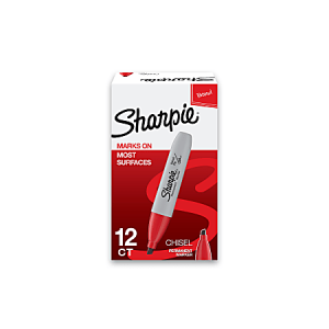 Box of 12 red Sharpie chisel permanent markers, designed to mark on most surfaces.