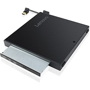 Black Lenovo external DVD drive with a USB connector and partially open disc tray.