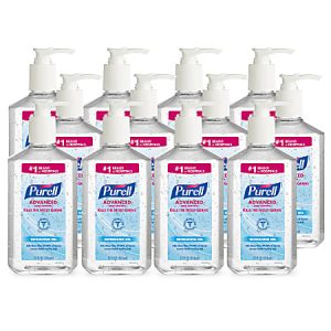 Ten bottles of Purell Advanced hand sanitizer with pump dispensers, featuring clear gel and a blue label.