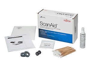 Fujitsu ScanAid kit including box, instruction sheet, rollers, swabs, cleaning spray, and Fujitsu pads for scanner maintenance.