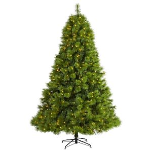 Artificial Christmas tree decorated with small white lights, standing on a black metal stand.