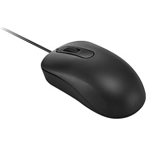 Black wired computer mouse with a smooth surface and scroll wheel, angled slightly to the left on a white background.