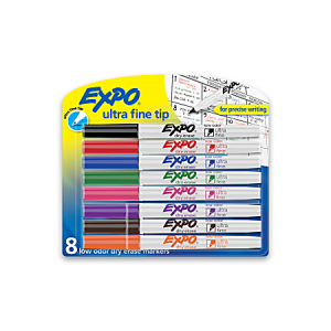 Expo ultra fine tip dry erase markers, 8-pack, assorted colors, packaged for precise writing.