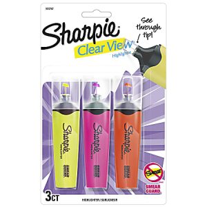 Pack of three Sharpie Clear View highlighters in yellow, pink, and orange with see-through tips on a blister card.