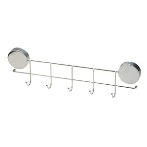 Magnetic stainless steel rack with five hooks and two round mounts for hanging items.