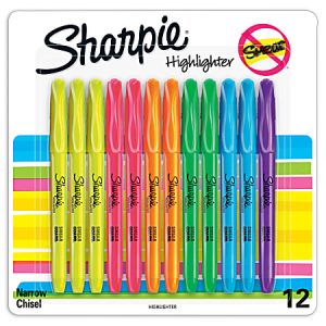 Package of 12 Sharpie highlighters in various colors with narrow chisel tip, designed to resist smearing.