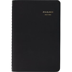 Black AT-A-GLANCE planner for 2023-2024, featuring a spiral binding and simple cover design.