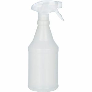 Clear plastic spray bottle with a trigger nozzle, used for cleaning or gardening.