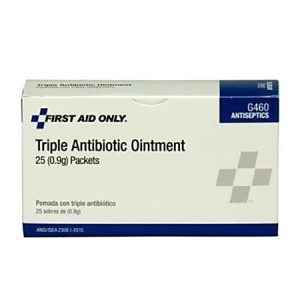Box of First Aid Only Triple Antibiotic Ointment, containing 25 packets, with antiseptic label and product details.