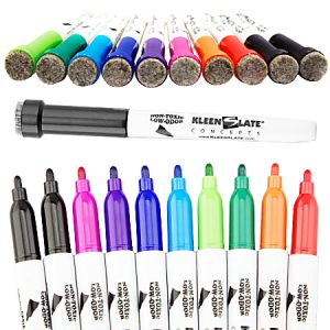 Colorful dry erase markers with erasers on caps, arranged next to a black marker from KleenSlate Concepts.