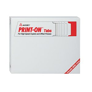 Box of Avery Print-On Tabs designed for high-speed copiers and offset presses, with a "Handle With Care" label.