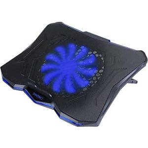 Black laptop cooling pad with blue LED fan, featuring a sleek design and textured surface for improved airflow.