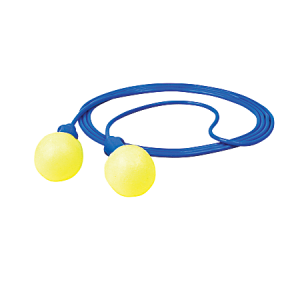 Blue corded earplugs with yellow foam tips, suitable for noise reduction and hearing protection.