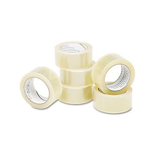 Clear adhesive tape rolls stacked and arranged on a white background.
